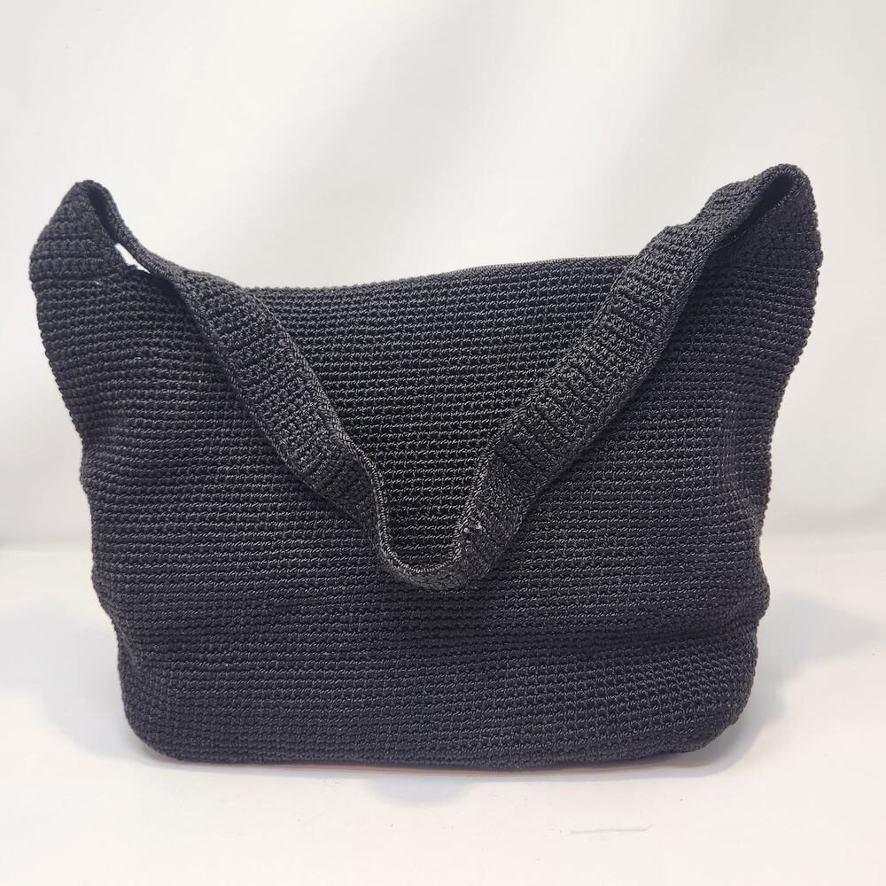 The Sak Black Knit Woven Crochet Shoulder Bag Medium Zip Closure Boho Casual